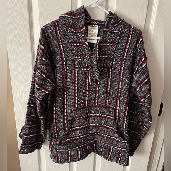 Mexican Baja Hoodie Jacket Beach Outerwear Hippy Boho Gray Red - Picture 1 of 4